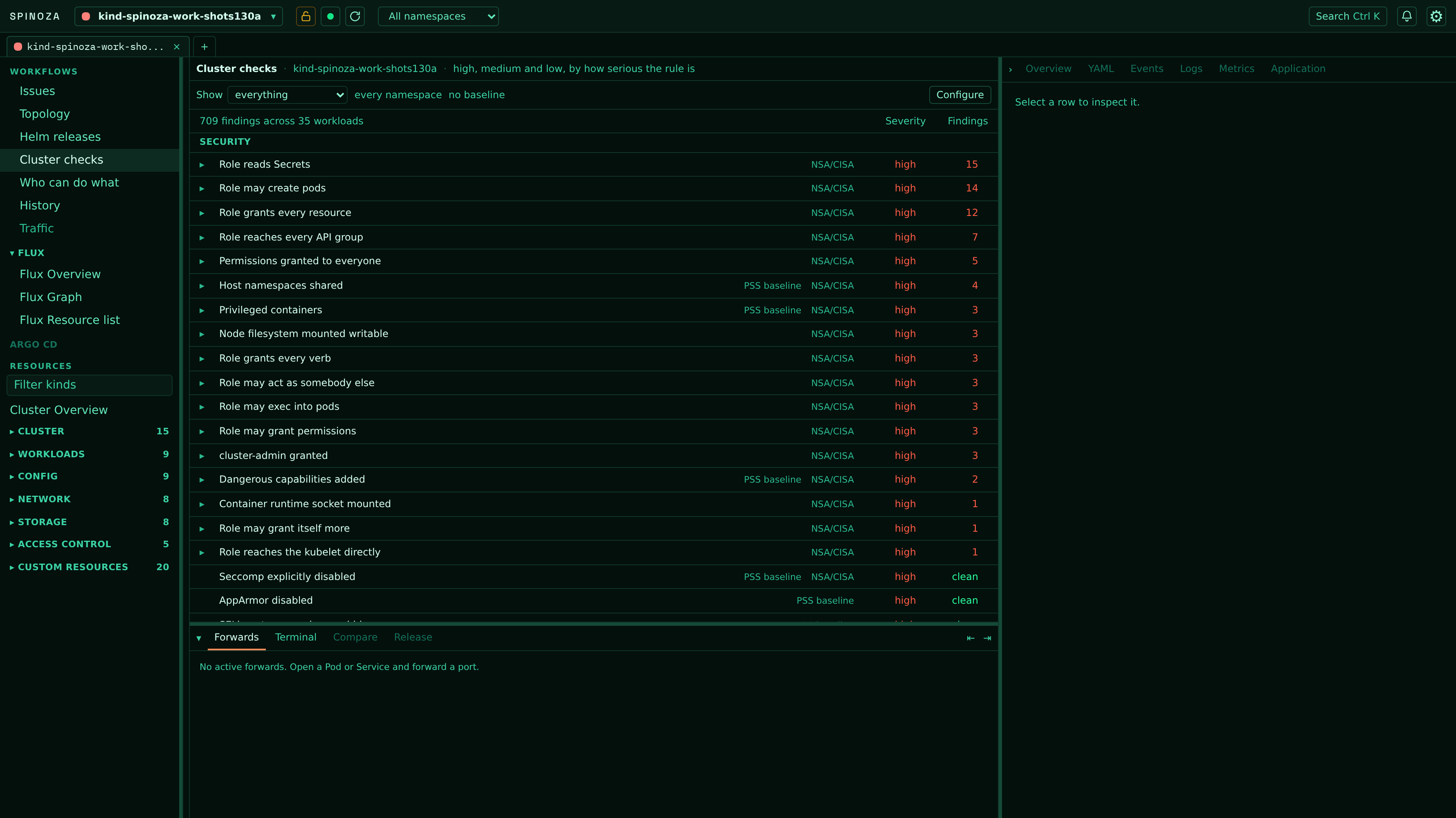 Spinoza cluster checks: 709 findings across 35 workloads, each rule labelled PSS baseline or NSA/CISA, with a severity and a finding count per rule, and one Configure control for scope, baseline and imports