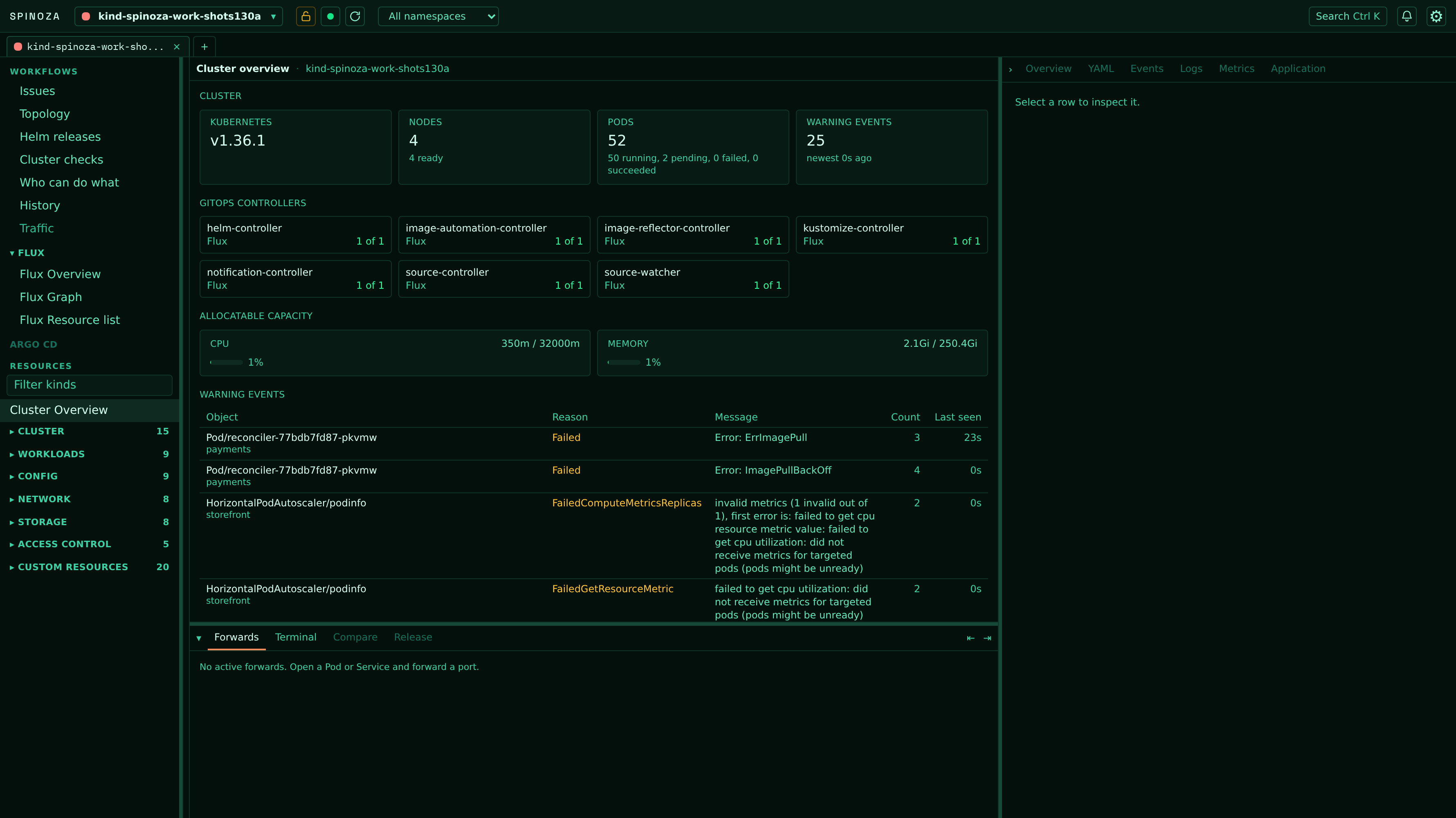 Spinoza cluster overview: Kubernetes version, node and pod tiles, allocatable CPU and memory against live usage, and the newest warning events
