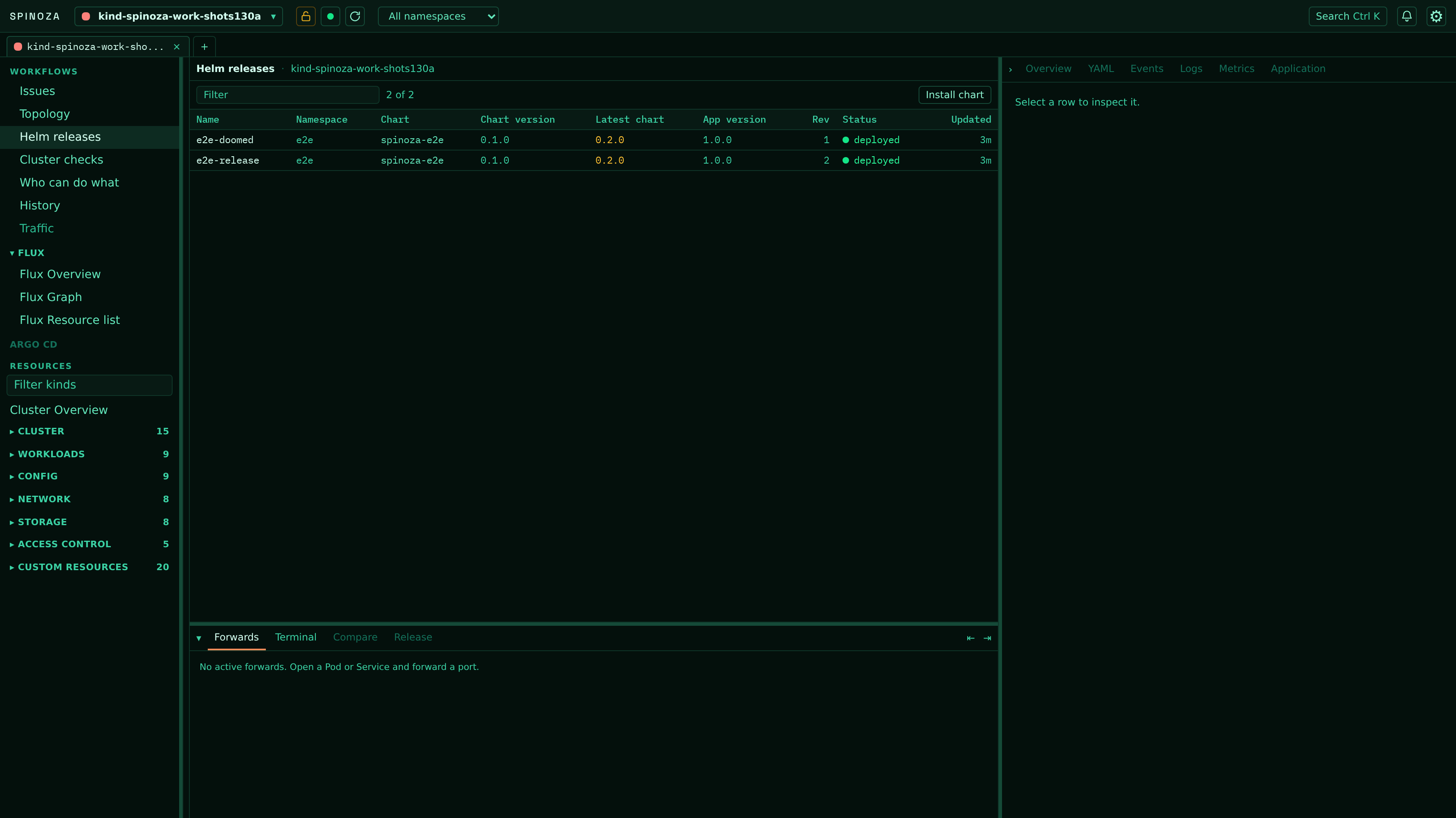 Spinoza Helm releases read straight from the cluster: chart and app versions, the newest chart available, revision, status and when each was last updated