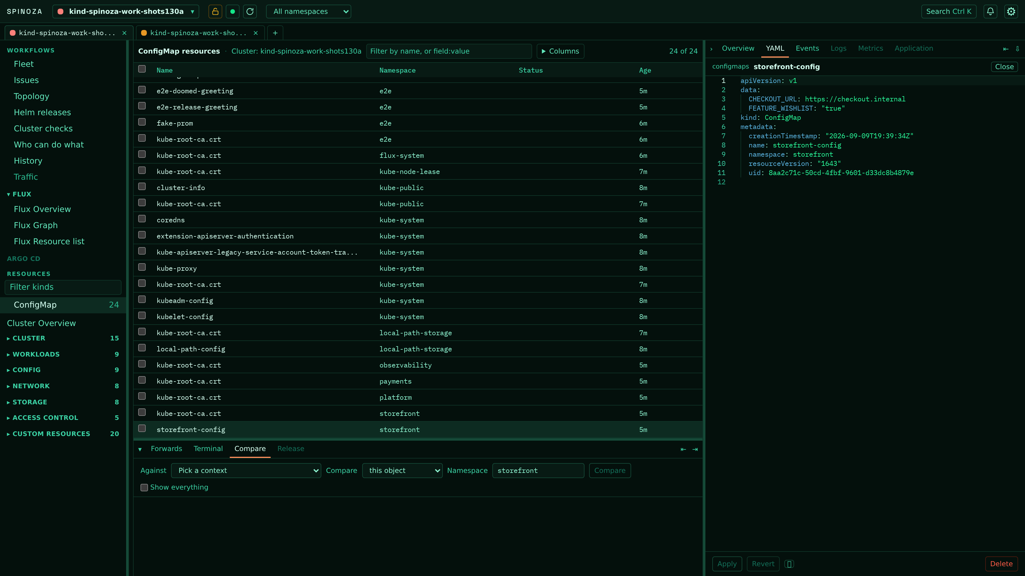 Spinoza ConfigMap resources table with the inspector open on the object's live YAML in Monaco, with apply, revert and delete