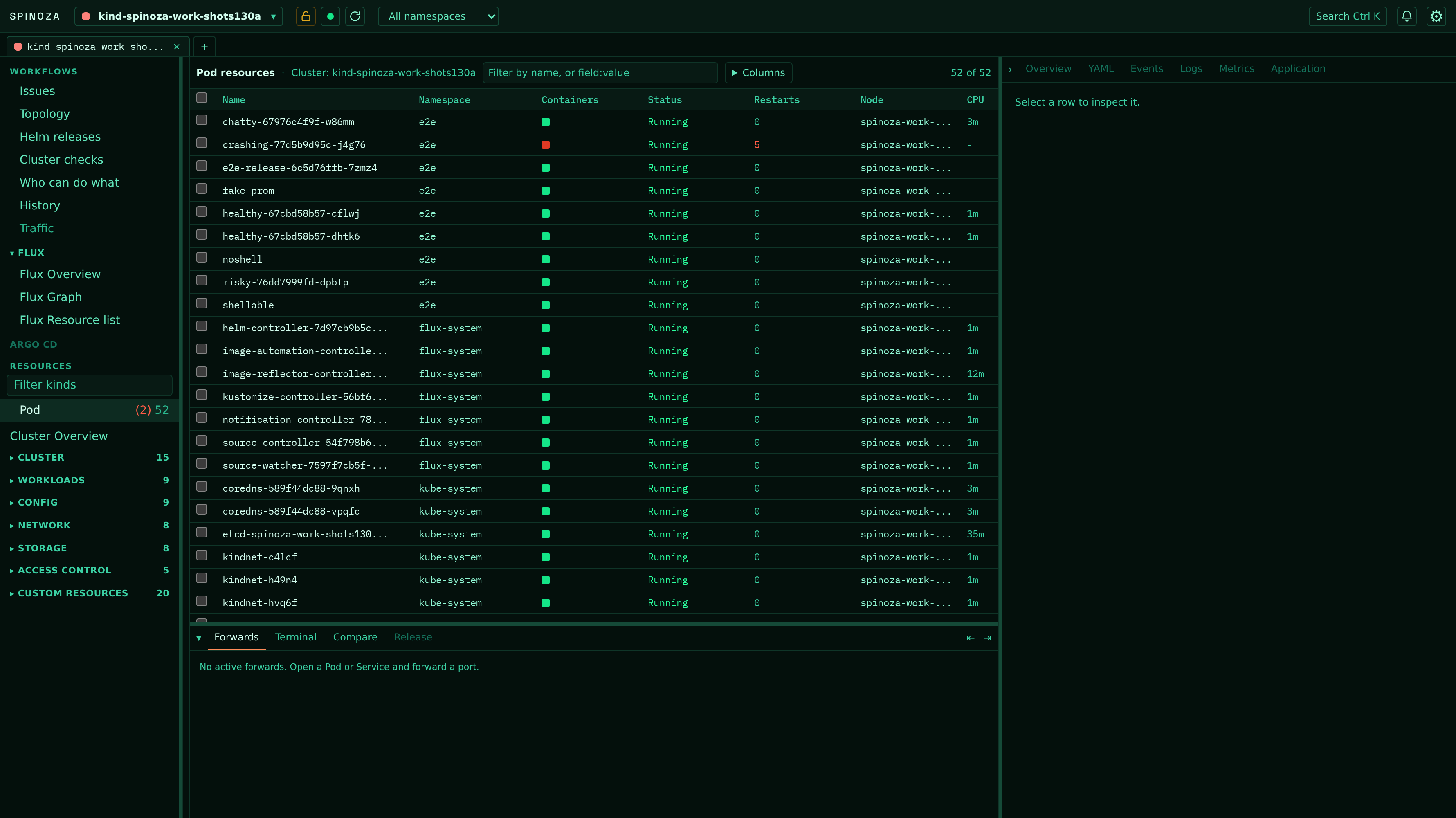 Spinoza pod resources: every pod across all namespaces with its containers, status, restarts, node and live CPU, the filter and column picker in one row above the table