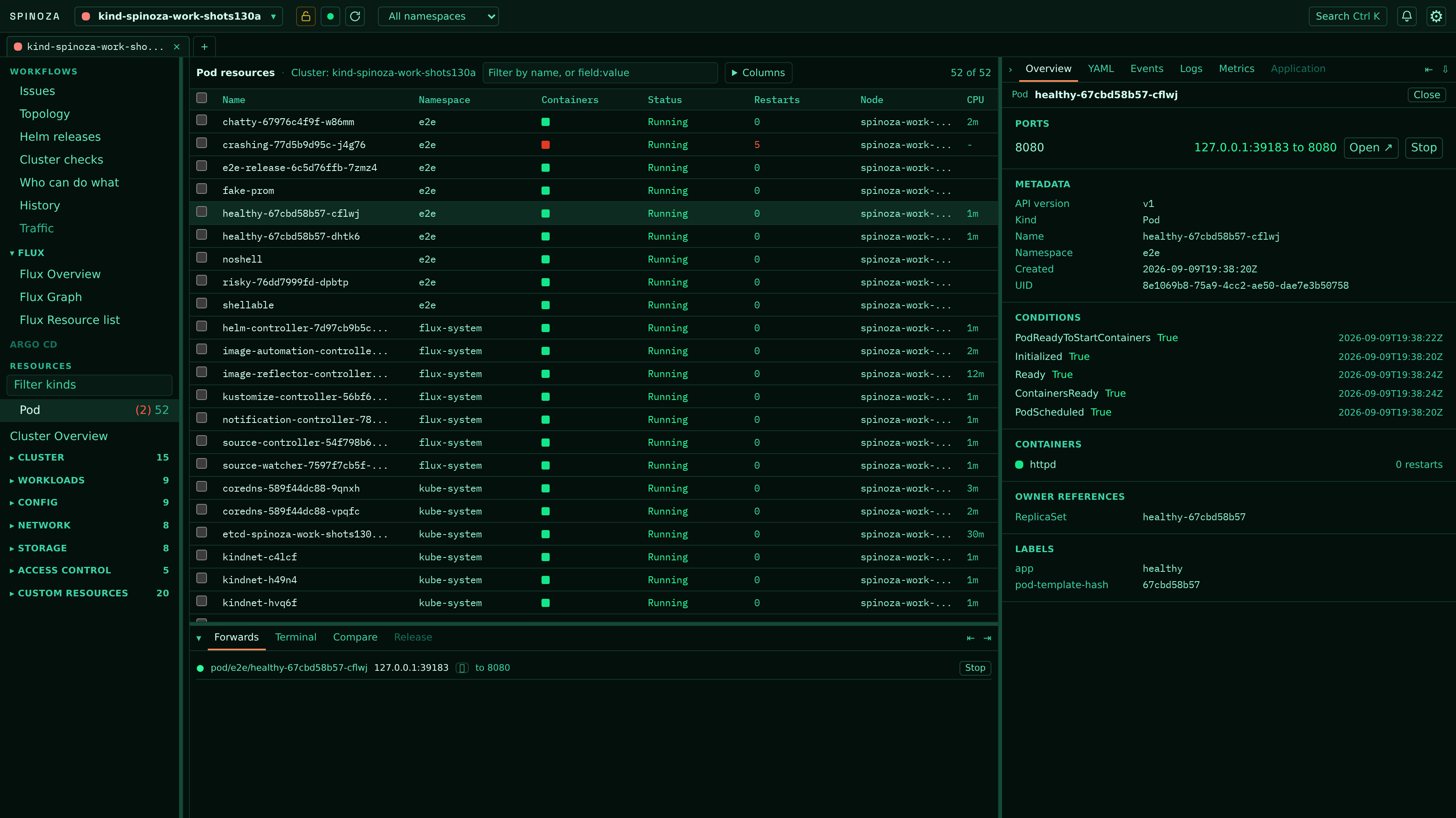 Spinoza pods table with the inspector open on a running pod: its container port forwarded to a local port with open and stop controls, and the forward listed in the dock below